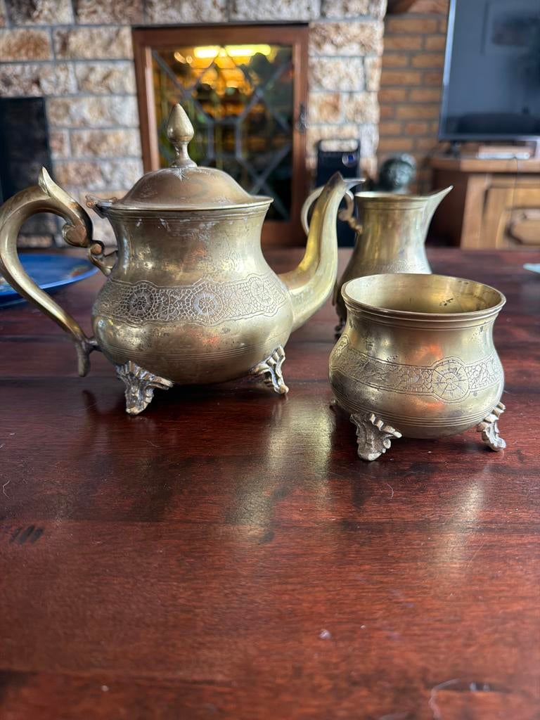 Vintage Koperen Theeservies - Theepot, Melkkan, Suikerpot, Antiek en Kunst, Antiek | Koper en Brons, Ophalen of Verzenden, Koper