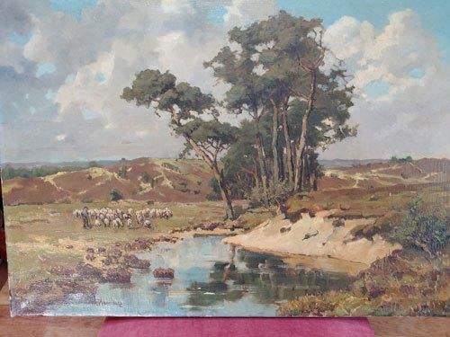Landschap schilderij met schapen, Antiek en Kunst, Ophalen of Verzenden