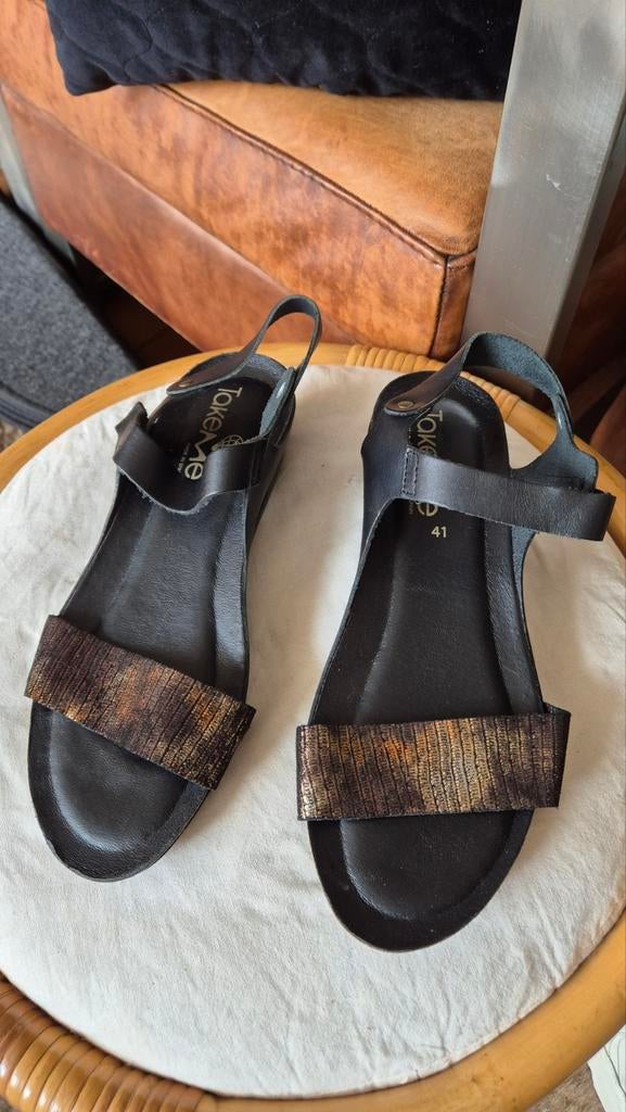 Takeme zgan zwarte sandalen met glitter brons mt 41 verstelb, Zwart, Zo goed als nieuw, Takeme, Sandalen of Muiltjes
