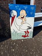 Geboortebord Ooievaar met Baby - Uniek en Handgeschilderd, Ophalen of Verzenden, Gebruikt, Geboortebord