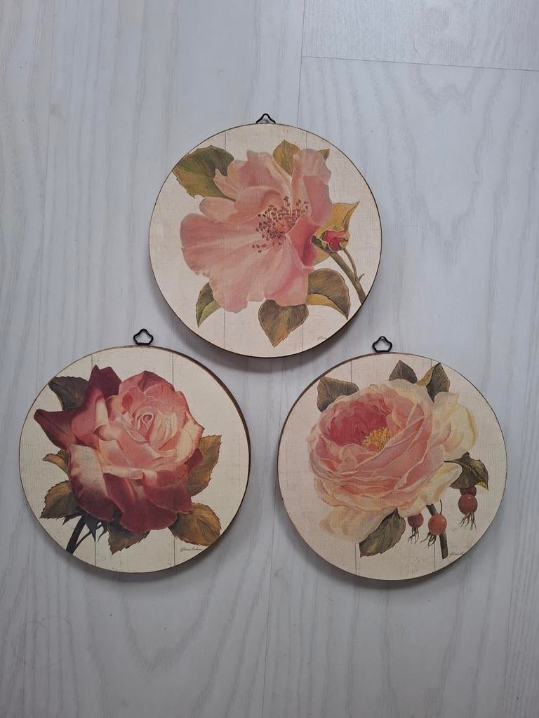 3 ronde houten schilderijtjes met rozen, Antiek en Kunst, Curiosa en Brocante, Ophalen