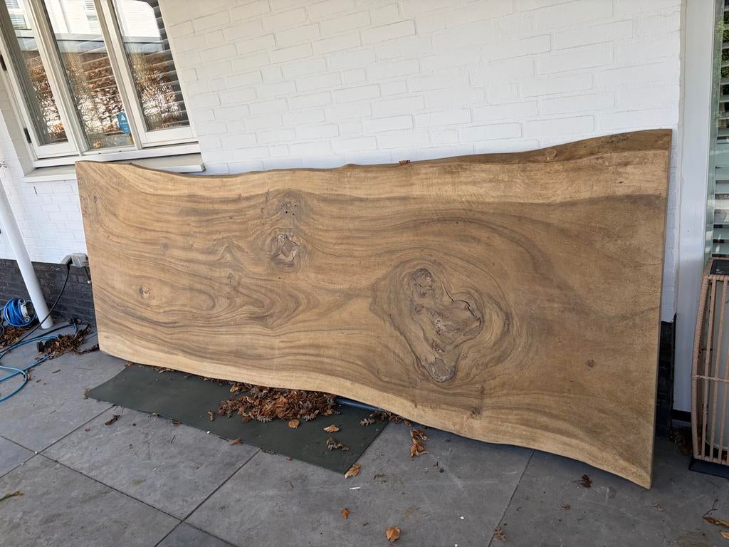 Mooi Suar Houten tafel Blad 3.10m x 1.00m - Binnen/Buiten, Huis en Inrichting, Tafels | Eettafels, Ophalen, Gebruikt, 100 tot 150 cm