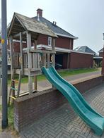 Houten speelhuisje met glijbaan en zandbak, Ophalen, Gebruikt, Hout