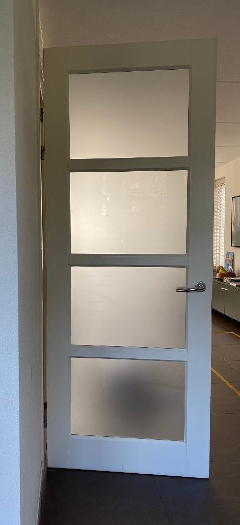 Massief houten opdekdeur met melkglas en rvs beslag, Ophalen, Gebruikt, 80 tot 100 cm, 215 cm of meer