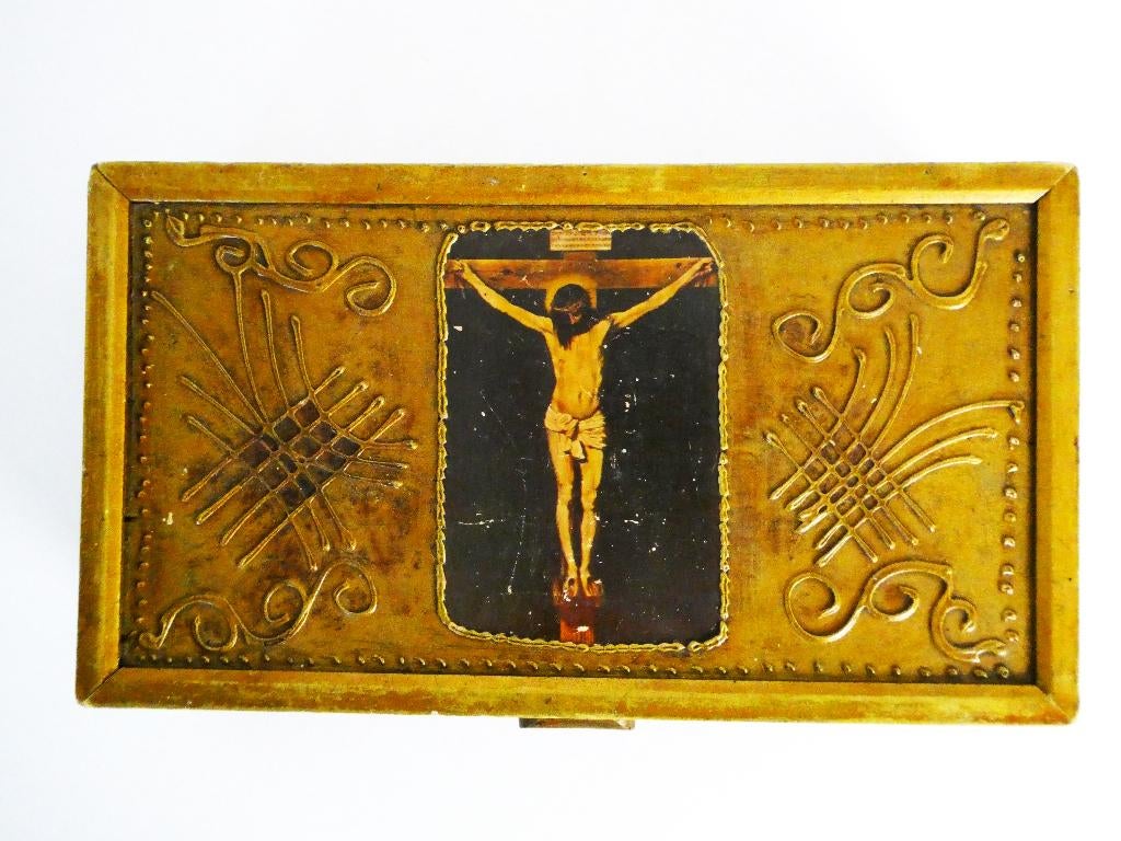 Oud Florentijns houten kistje met afbeelding icoon Jezus, Antiek en Kunst, Antiek | Religie, Ophalen of Verzenden