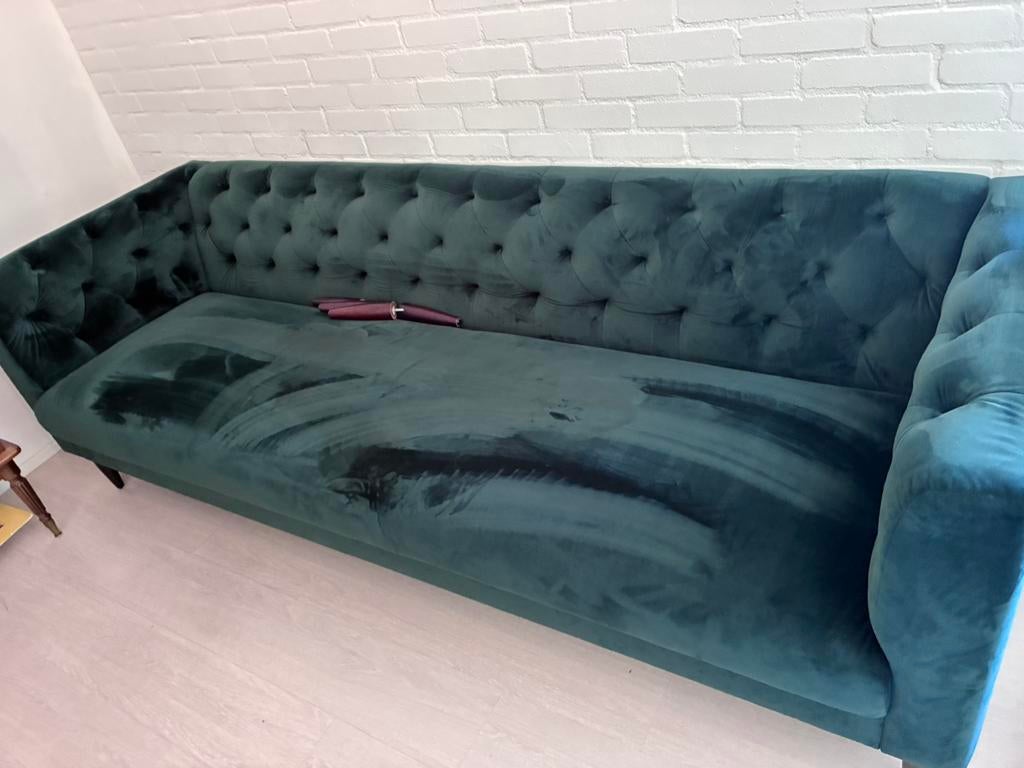 Fluweel groen 3-zits bank van WOOOD (model Nisa)., Ophalen, Driepersoons, 75 tot 100 cm, Zo goed als nieuw