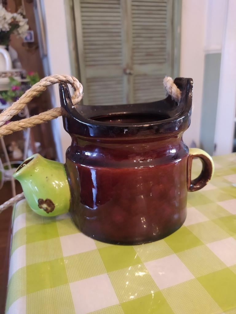 Retro plantenhanger met touw theepot bruin / groen, Ophalen of Verzenden, Huis en Inrichting