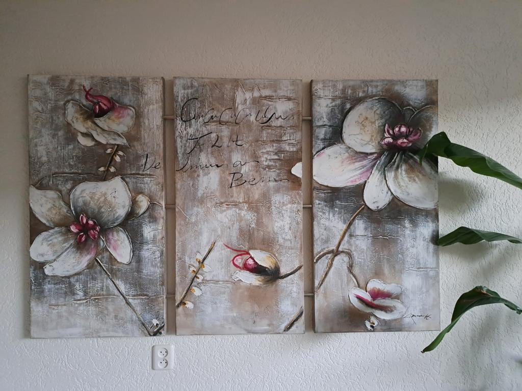 Groot 3-luik schilderij: taupe, roze, crème bloemen, Ophalen, Gebruikt, Schilderij, 100 tot 125 cm