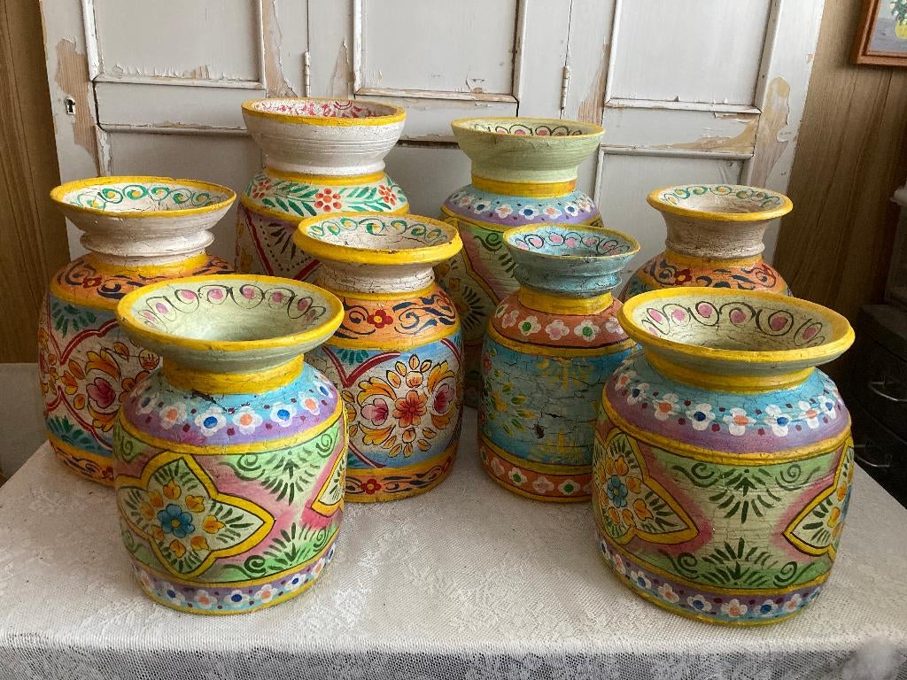 Brocante oude houten handbeschilderde Nepalese kruiken, Ophalen of Verzenden