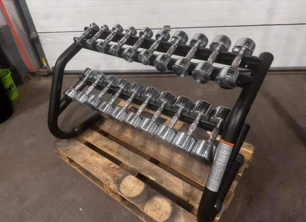 Chrome dumbells 1kg t/m 10kg + technogym opbergrek, Sport en Fitness, Fitnessmaterialen, Ophalen, Gebruikt, Dumbbell