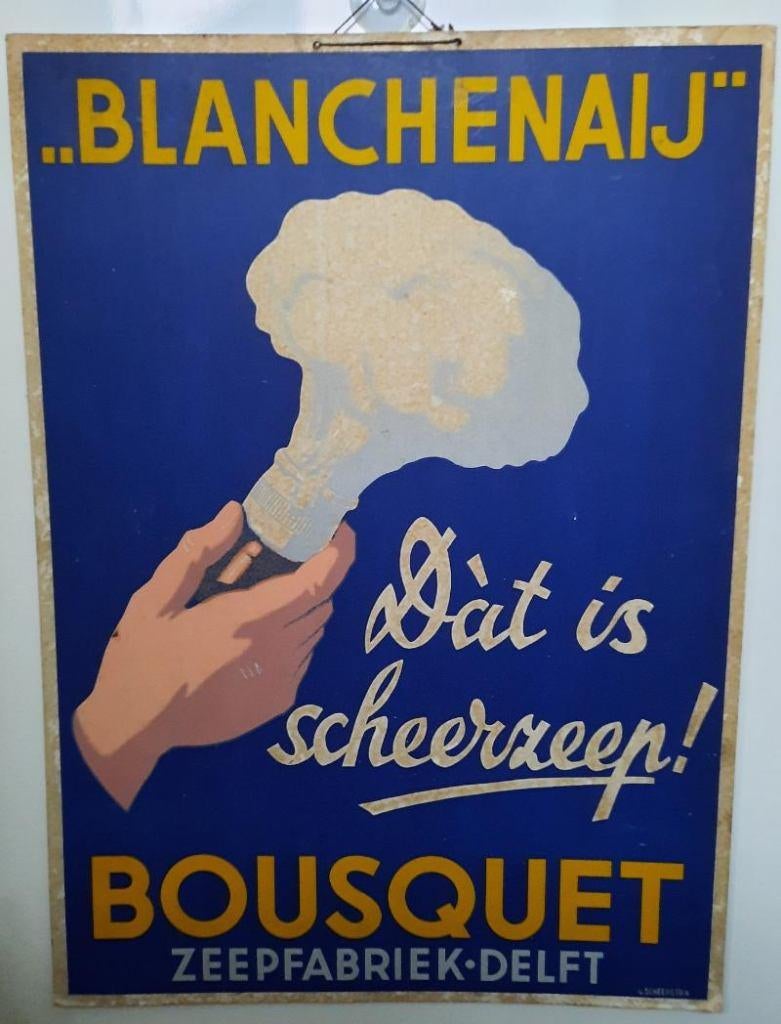 Reclame plaat karton van de zeepfabriek bousquet uit delft, Verzamelen, Ophalen of Verzenden, Gebruikt, Reclamebord