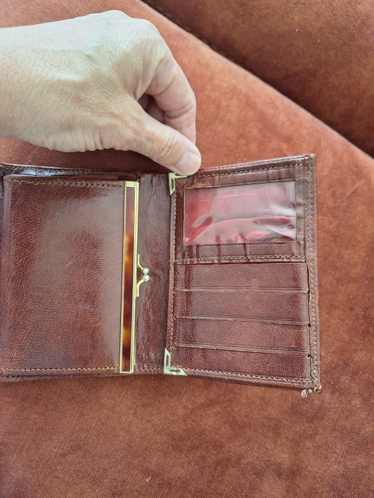 Vintage Leren Portemonnee met Veel Vakjes, Sieraden, Tassen en Uiterlijk, Portemonnees, Overige merken, Gebruikt, Ophalen of Verzenden