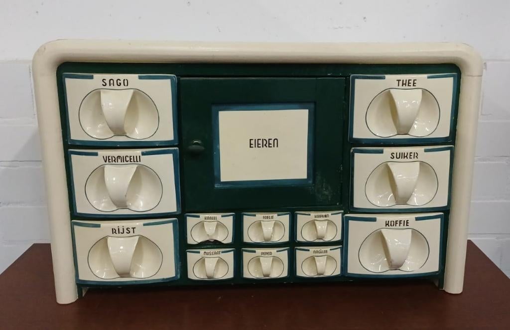 Antiek / vintage kruidenkast met keramische laatjes, Ophalen of Verzenden