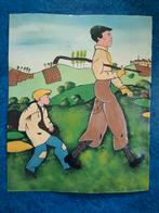 Naïef schilderij op metaal: Golfer met caddy, Ophalen of Verzenden