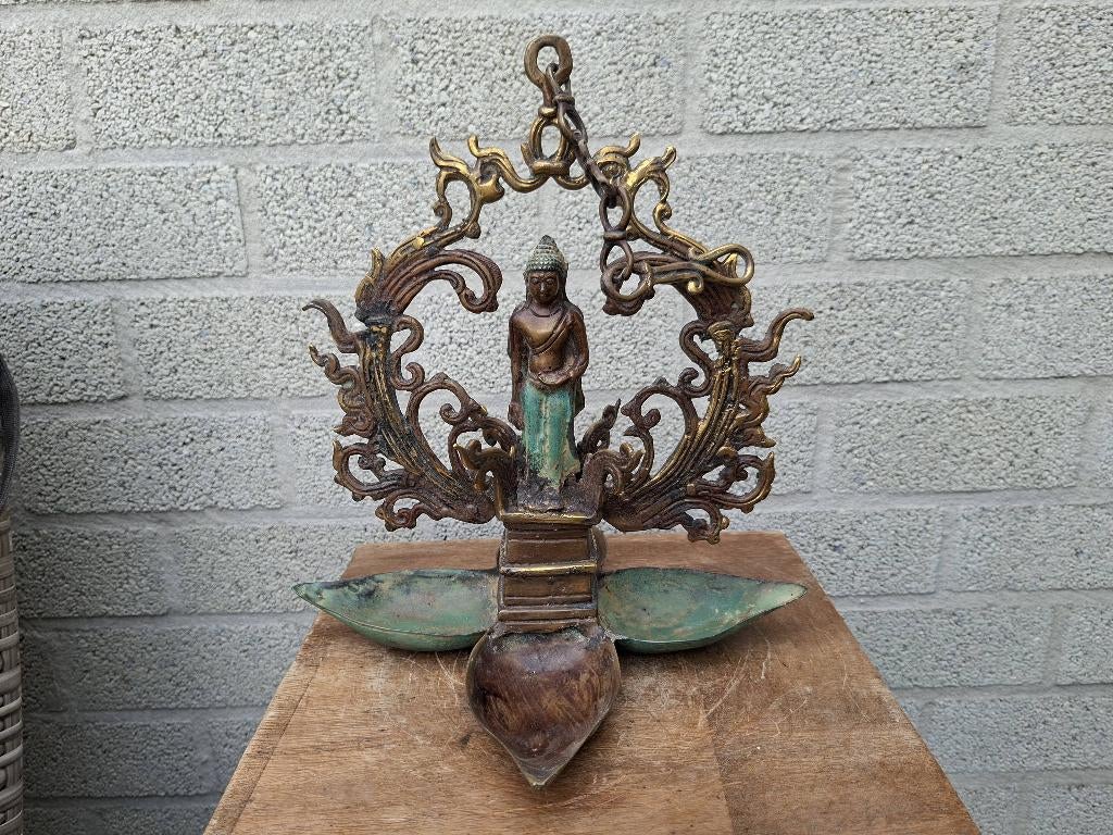 Hangende bronzen  olielamp met boeddha's, Ophalen of Verzenden