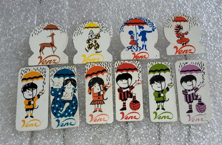 Vintage Venz hagelslag figuurtjes - set van 10, Verzamelen, Speldjes, Pins en Buttons, Gebruikt, Speldje of Pin, Overige onderwerpen