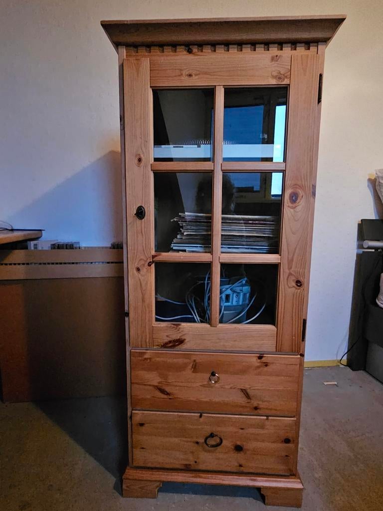 Grenen kast met glazen deur en lades, Huis en Inrichting, Ophalen, Gebruikt