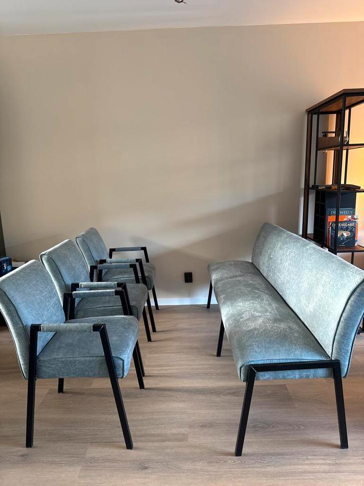 Eetkamerbankje + 3 stoelen in microleder blauwgrijs, Huis en Inrichting, Stoelen, Zo goed als nieuw, Drie, Leer, Blauw, Ophalen