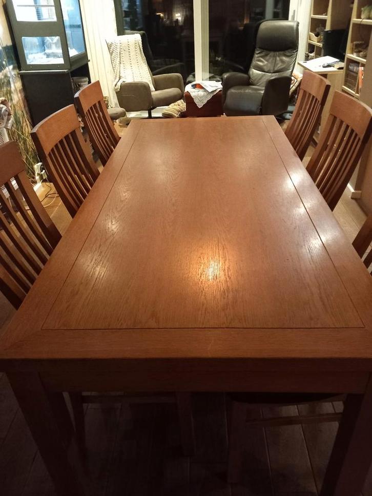 Massief eiken tafel met stoelen, Huis en Inrichting, Tafels | Eettafels, Gebruikt, 50 tot 100 cm, 150 tot 200 cm, Vijf personen of meer