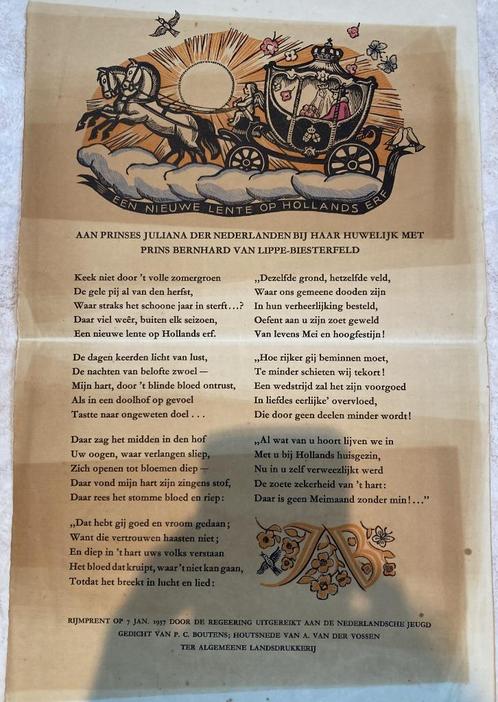 Rijmprent Boutens, Verzamelen, Koninklijk Huis en Royalty, Gebruikt, Kaart, Foto of Prent, Nederland, Ophalen of Verzenden