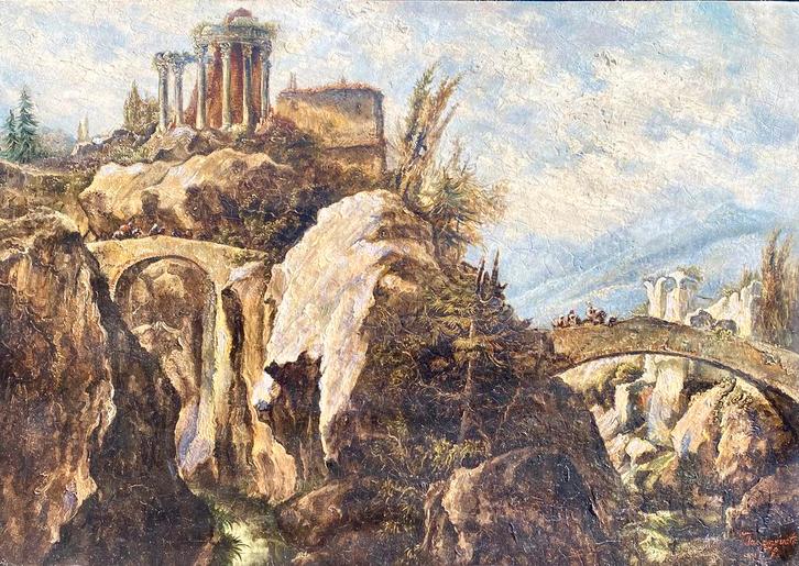 Italiaans ruine landschap, en reizigers. J. Tavenraat.1876., Antiek en Kunst, Kunst | Schilderijen | Klassiek, Ophalen