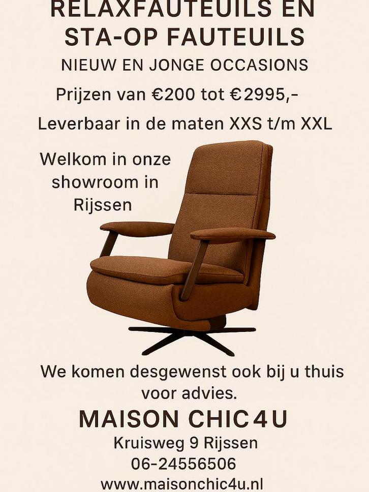Grote voorraad relaxfauteuils en staopfauteuils, Huis en Inrichting, Fauteuils, Nieuw, Leer, Stof, 50 tot 75 cm, 75 tot 100 cm