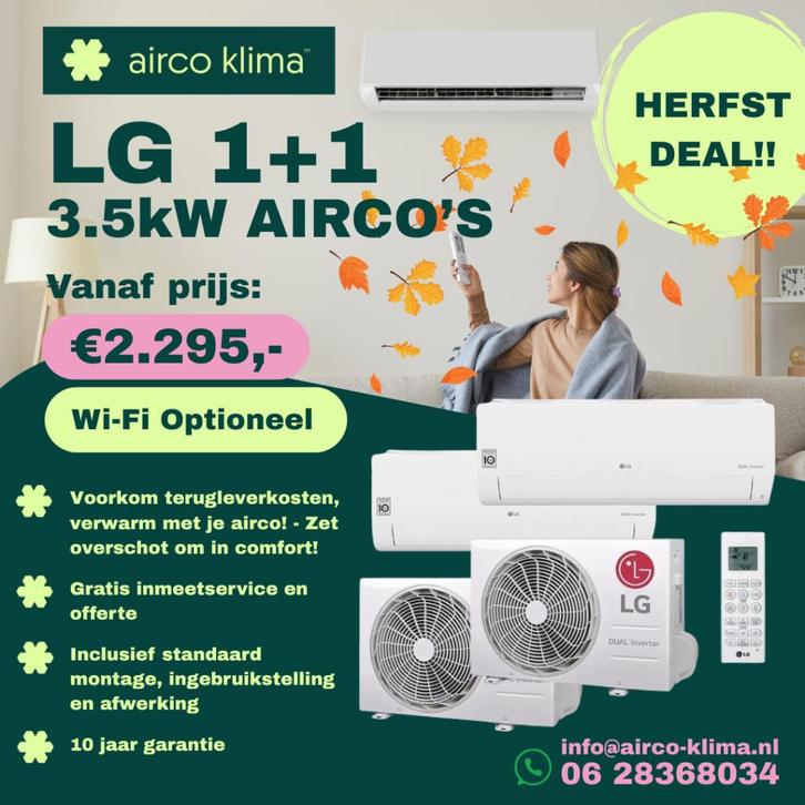 Airco LG Deal 2x3.5kW €2.295,- enkele €1.195,- incl. Montage, Witgoed en Apparatuur, Airco's, Nieuw, Wandairco, 100 m³ of groter