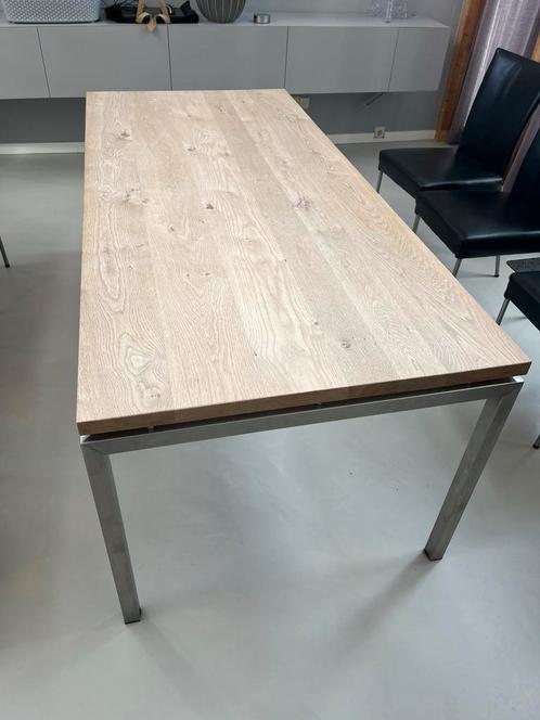 Eettafel - Massief Eiken blad, RVS onderstel - 200x90cm, Huis en Inrichting, Tafels | Eettafels, Gebruikt, 50 tot 100 cm, 150 tot 200 cm