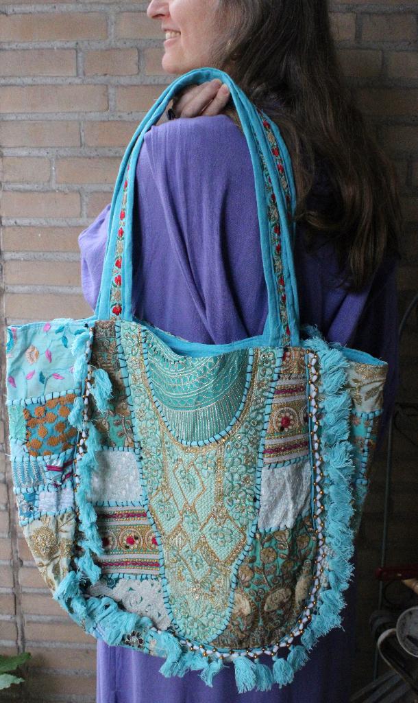 Patchwork India hippy tas tote bag XL shopper TURQUOISE6, Sieraden, Tassen en Uiterlijk, Tassen | Damestassen, Nieuw, Shopper