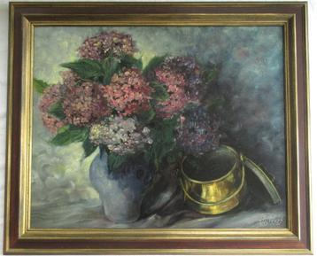 Schilderij Stilleven met hortensia's door P. van Wersch 1951 beschikbaar voor biedingen