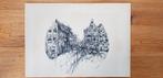 Pentekening grachtenpanden, 1974, door R. Ross, Antiek en Kunst, Kunst | Tekeningen en Foto's, Ophalen of Verzenden