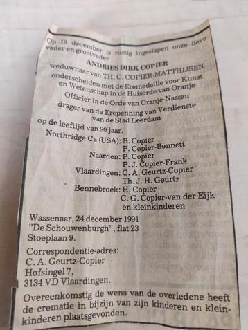 Overlijdensadvertentie Andries Dirk Copier beschikbaar voor biedingen