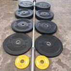 Olympische Bumper Plates Set + Olympische barbell 220cm, Ophalen, Zo goed als nieuw