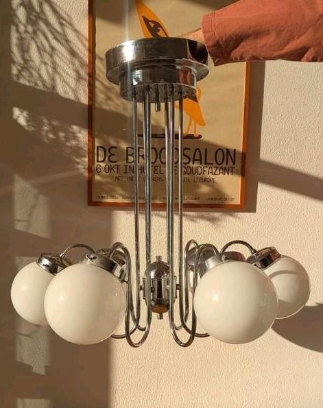Vintage Art Deco pendant lamp – 6-arm / kroonluchter, Huis en Inrichting, Lampen | Kroonluchters, Gebruikt, Glas, Metaal, Ophalen