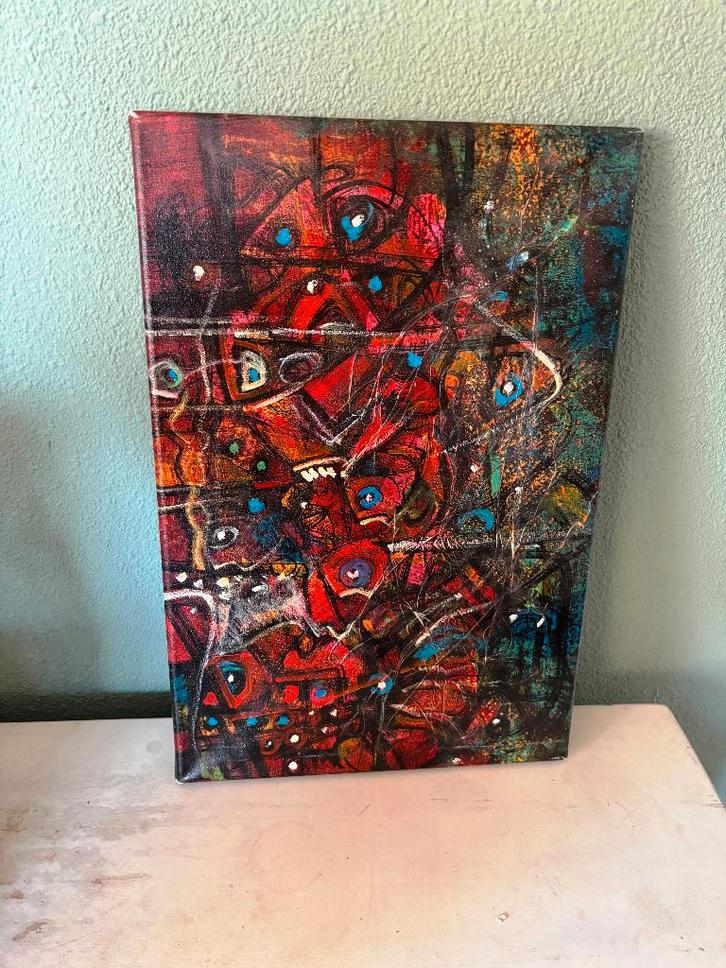 Kleurrijk abstract schilderij op paneel, Antiek en Kunst, Kunst | Schilderijen | Abstract, Ophalen of Verzenden