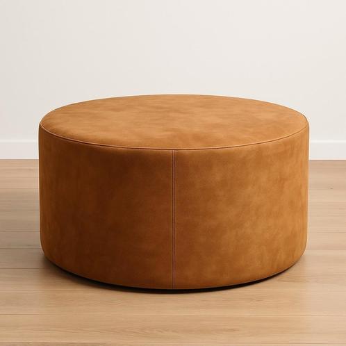 Luxe Suède Ronde Poef/Hocker/Salontafel | Warme Cognac Kleur, Huis en Inrichting, Banken | Voetenbanken en Poefen, Zo goed als nieuw