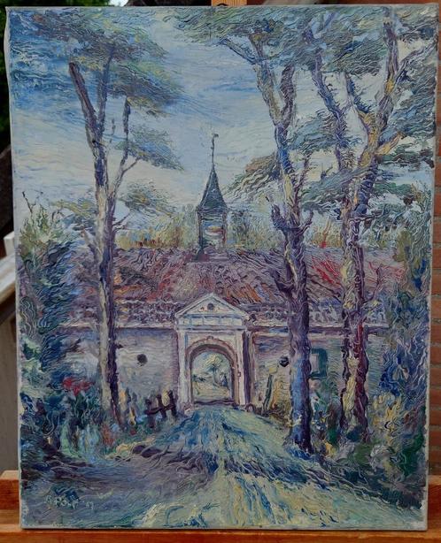 Pаrk scene met kasteelpoort, A.Post 1957 olieverf op doek, Antiek en Kunst, Kunst | Schilderijen | Klassiek, Verzenden