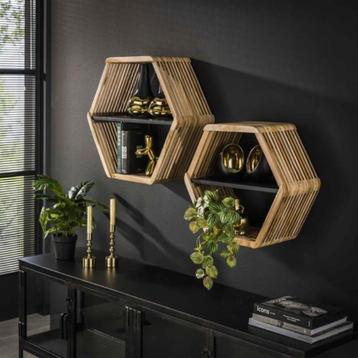 Wandschap set/2 hexagon Teakhout verweerd/Teakhout verweerd beschikbaar voor biedingen