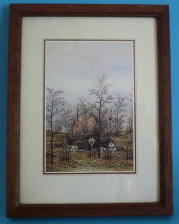 Mooi plaatje achter glas, huisjes tussen de bomen. beschikbaar voor biedingen