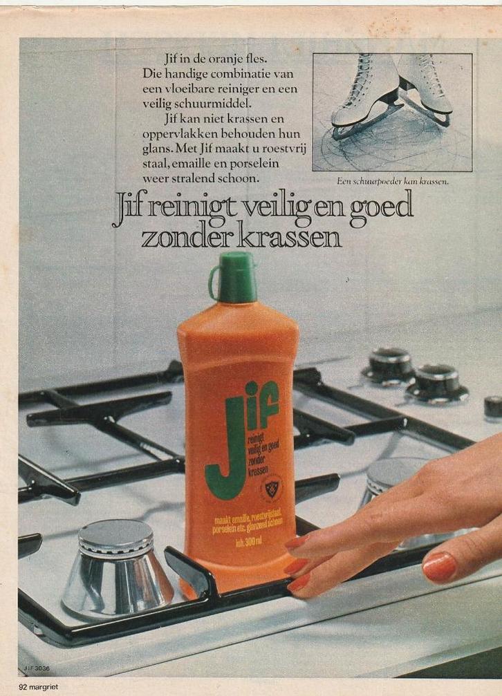 Retro reclame 1980 Jif schuurmiddel in de oranje fles, Verzamelen, Retro, Overige typen, Verzenden