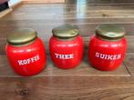 Mooie oude rood emaille voorraad blikken koffie suiker thee, Ophalen of Verzenden