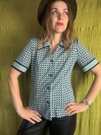 Vintage 60s 70s blouse met broche - blauw/ wit / groen 38/M, Kleding | Dames, Blouses en Tunieken, Blauw, Ophalen of Verzenden