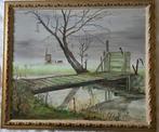 Landschap met Molen, mist, eksters. Olieverf, Antiek en Kunst, Kunst | Schilderijen | Klassiek, Ophalen of Verzenden