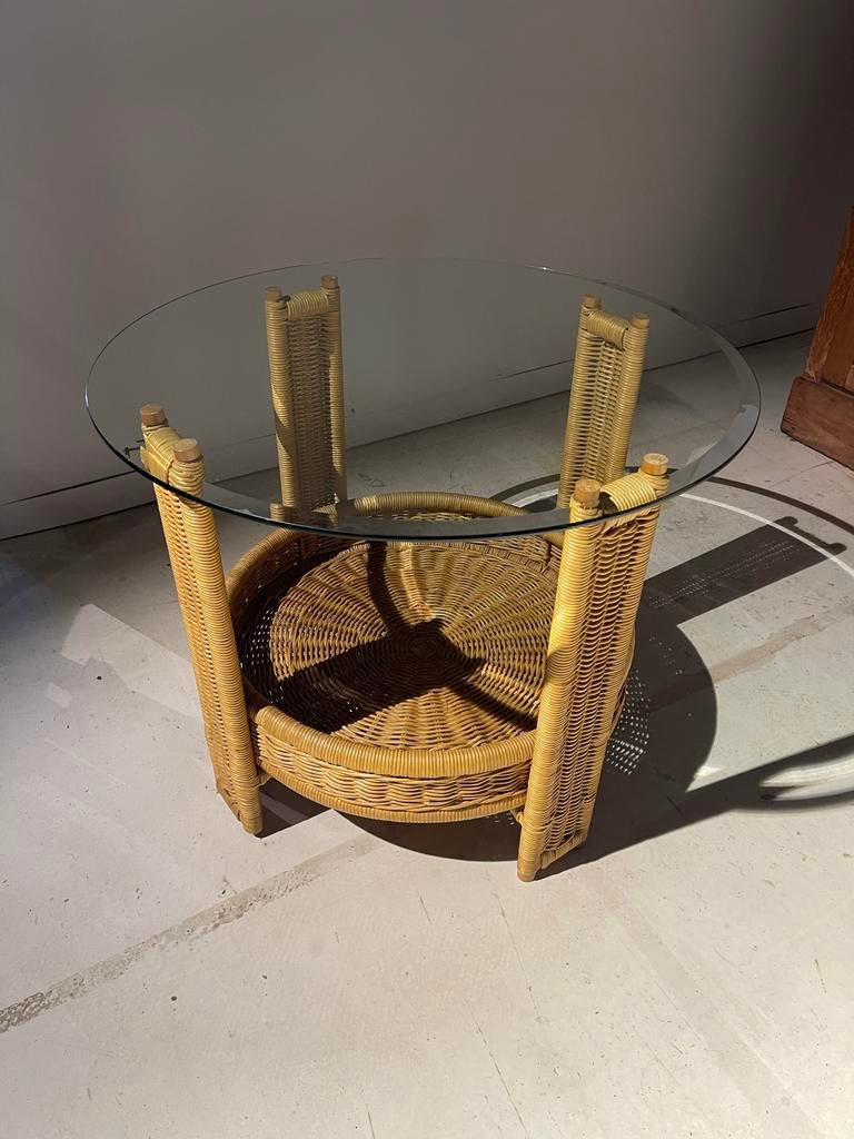 Vintage Rothan Salontafel - Rotan & Glas retro, Antiek en Kunst, Ophalen