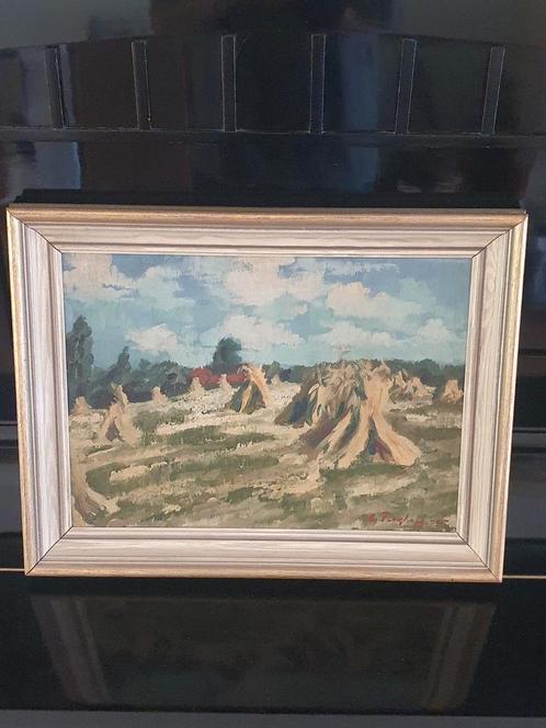 schilderij weiland met hooischoven gesigneerd 1945, Antiek en Kunst, Kunst | Schilderijen | Klassiek, Ophalen