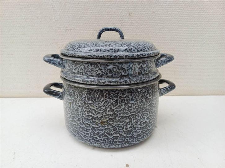 Emaille Donker grijs gewolkte steelpan 39812, Antiek en Kunst, Antiek | Emaille, Ophalen of Verzenden