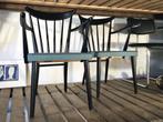 set spijlenstoelen hout armleuning turqoise zitting 60s, Gebruikt, Twee, -, Zwart