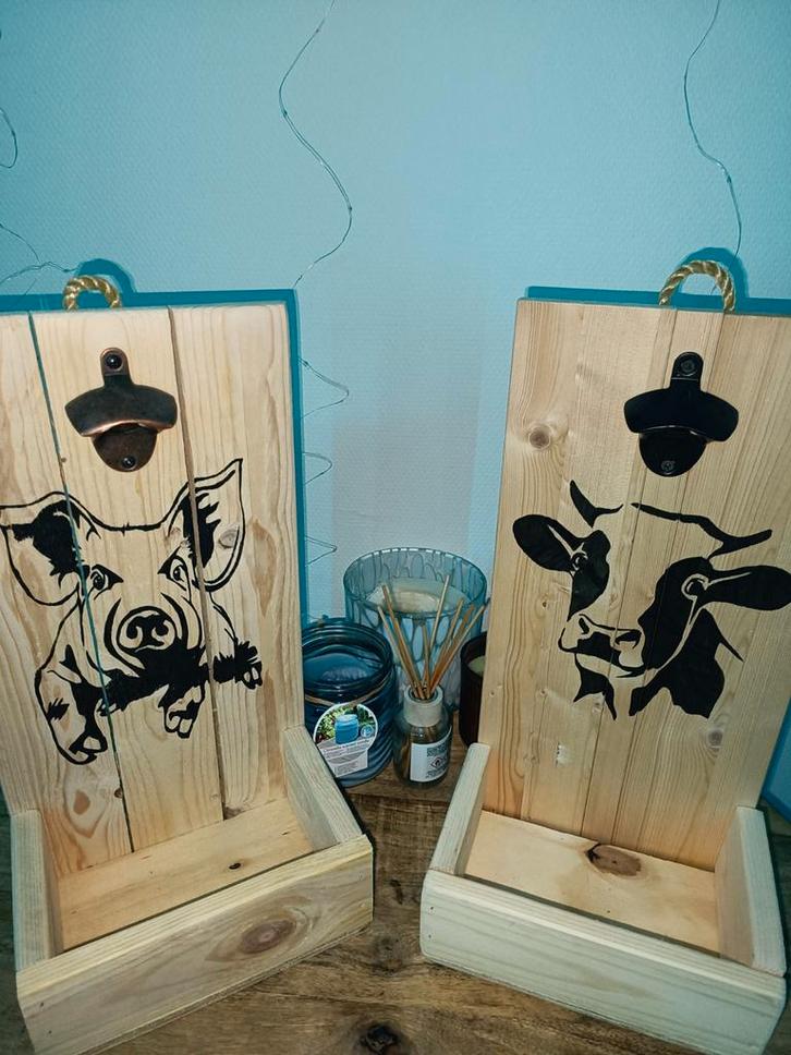 Houten Flessenopener met Opvangbak - Koe & Varken, Huis en Inrichting, Keuken | Keukenbenodigdheden, Nieuw, Ophalen