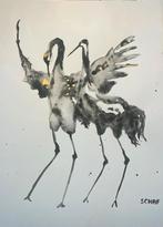 Aquarel kraanvogels, Antiek en Kunst, Ophalen of Verzenden