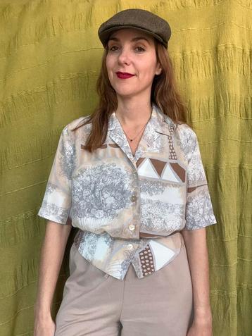 Vintage blouse -80’s /90’s - beige - print - 38/M beschikbaar voor biedingen